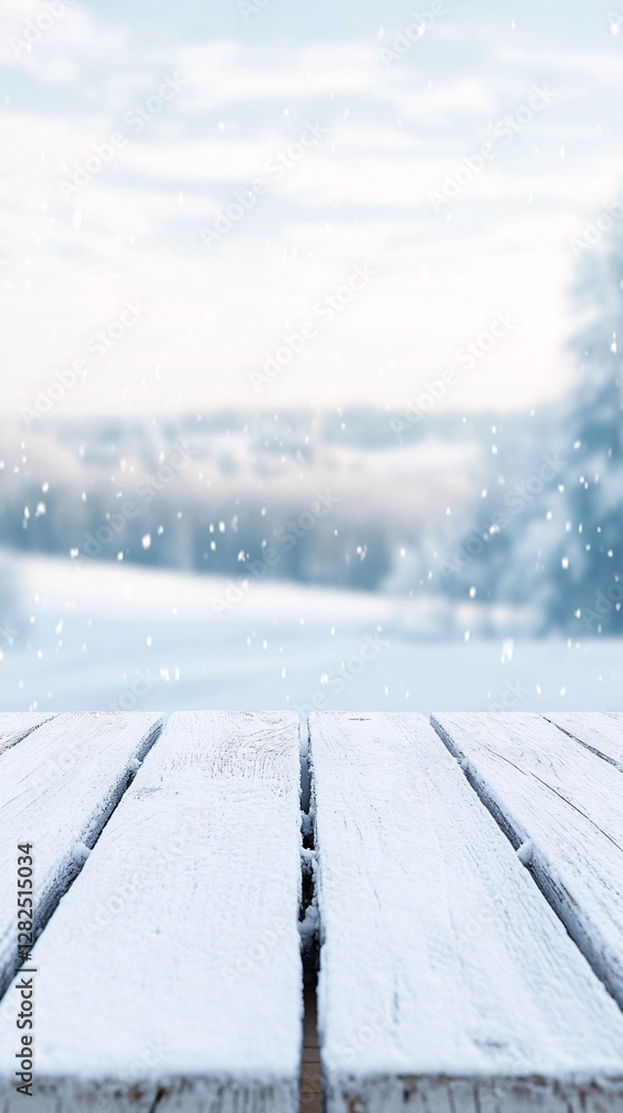 Poster snow falling on empty wooden table with winter landscape background