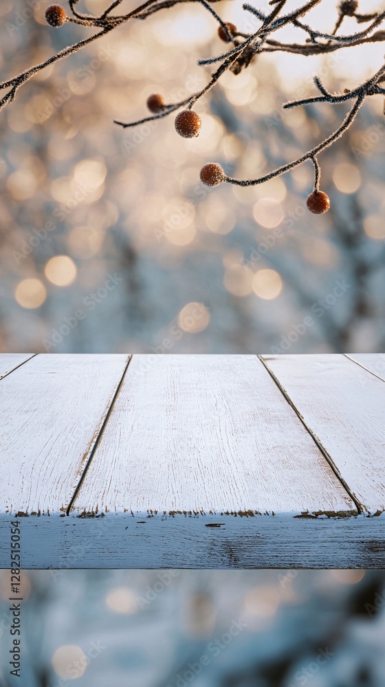 Poster empty wooden table with frozen berries on branches in winter