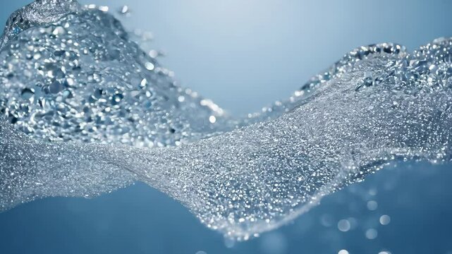 Mesmerizing silver particles forming fluid waves in motion. Animation glittering crystal glass silver background