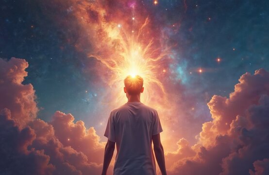 Man gazes at divine light in cosmic sky among stars, clouds. Person seeks enlightenment, finds inner peace, connects with universe, unlocks spiritual realms, universal energy.