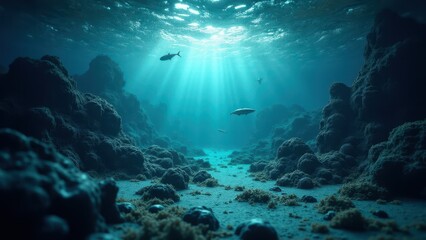 A serene ocean depth with sunlight filtering through the water, illuminating the underwater landscape and marine life