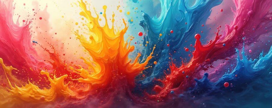 Illustration of exploding liquid paint in rainbow colors with splashes. Beautiful vibrant texture. Generated AI art for backgrounds, headers, banners. Ink splatters creates dynamic, colorful abstract
