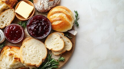 Plate of assorted breads with various jams and butter on a wooden table setting