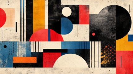Abstract composition featuring geometric shapes in primary and neutral colors
