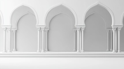 A white mosque background with copy space and an empty center for text or images, set against a monochrome gradient of light gray to black. The composition includes elements like columns