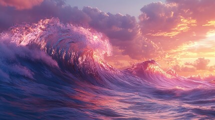 Large ocean wave curls beneath a colorful sunset sky
