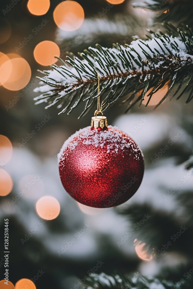 Poster red christmas ball hanging on snowy pine tree branch with bokeh lights