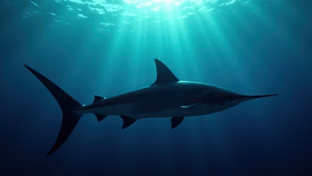 A majestic pez espada swims gracefully in the deep blue ocean, illuminated by rays of sunlight filtering through the water.