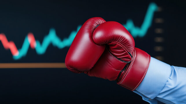 Dynamic shot of businessman in red boxing gloves, showcasing determination and strength against backdrop of financial growth - Powered by Adobe