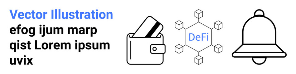 Digital wallet with cards, decentralized finance DeFi network with hexagons, notification bell beside sample text. Ideal for fintech, cryptocurrency, finance apps, payment solutions, alerts