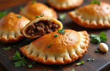 Golden beef empanadas filled seasoned ground beef onions spices. Baked pastry snack served on wooden board garnished parsley. Homemade meat pies offer taste Latin cuisine.