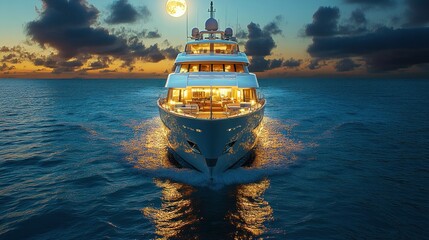 Obraz premium Luxury yacht sailing ocean sunset moonlight
