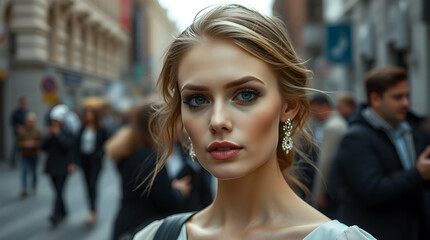 Fototapeta premium A blond woman in a white dress is posed for a portrait in a city.