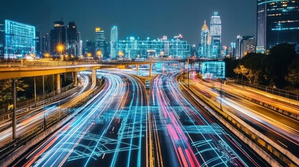 Naklejka premium Night Cityscape Illuminated Highway Traffic Flow