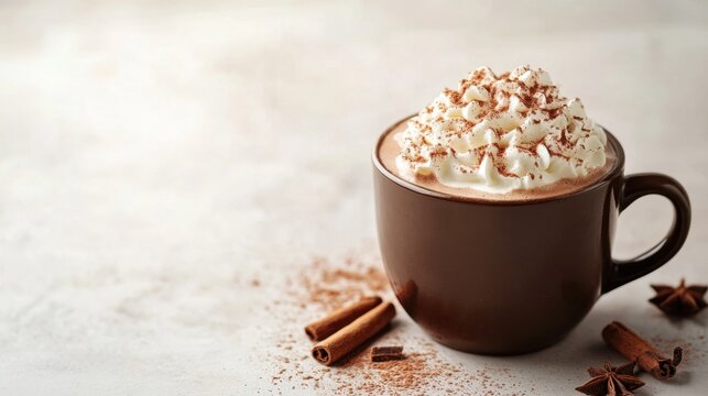 Cup of hot chocolate topped with whipped cream and sprinkled cinnamon on a wooden table - Powered by Adobe