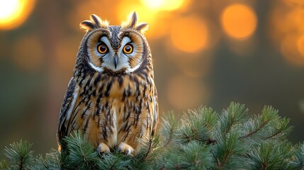 Majestic owl perched on a pine branch during sunset, surrounded by a blurred forest background