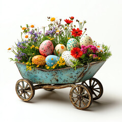 A colorful arrangement of flowers and decorative eggs in a vintage cart for a vibrant spring celebration.