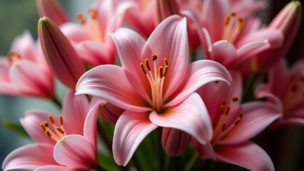 Fototapeta premium A close-up of vibrant pink lilies in full bloom, showcasing their delicate petals and prominent stamens.