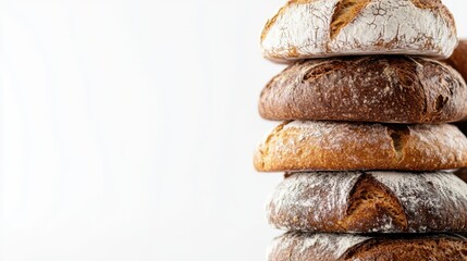 Stack of assorted breads including loaves and rolls arranged on a wooden surface