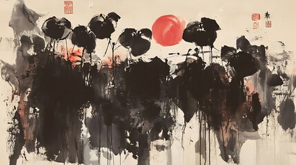 Abstract Ink Painting Of Flowers Under A Red Sun