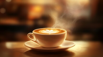 Fototapeta premium A steaming cup of cappuccino sits on a saucer, ready to be enjoyed. The heart-shaped latte art adds a touch of warmth and charm to this cozy scene.