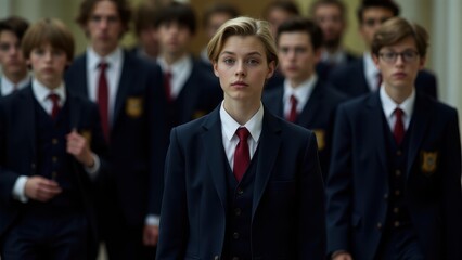 A group of students wearing private school uniforms, consisting of dark blazers, white shirts, and red ties, walking together.