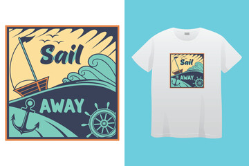Action Cruise Ship T-Shirt Design with Green Vintage Sunset Vector