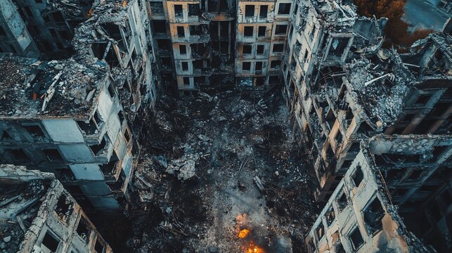 Devastating aerial view of war-torn city buildings burning after bombing - Powered by Adobe