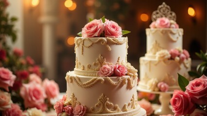 Elegant quinceanera cakes adorned with pink roses and intricate gold detailing.