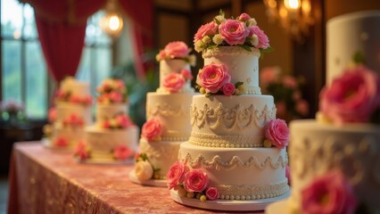 Elegant quinceanera cakes adorned with pink roses and intricate icing designs displayed on a decorated table.