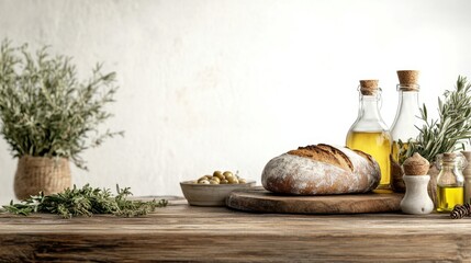 Table setting featuring various types of bread and a selection of olives in a rustic presentation