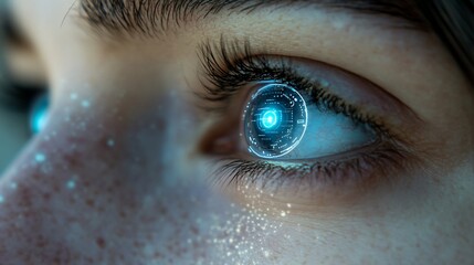 Close Up of a Woman's Eye with Futuristic Digital Interface Overlay