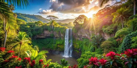 Lush tropical foliage and vibrant flowers surrounding the base of stunning Chamarel Waterfall in a panoramic view, with sunlight filtering through the leaves , waterfall scenery, tropical foliage