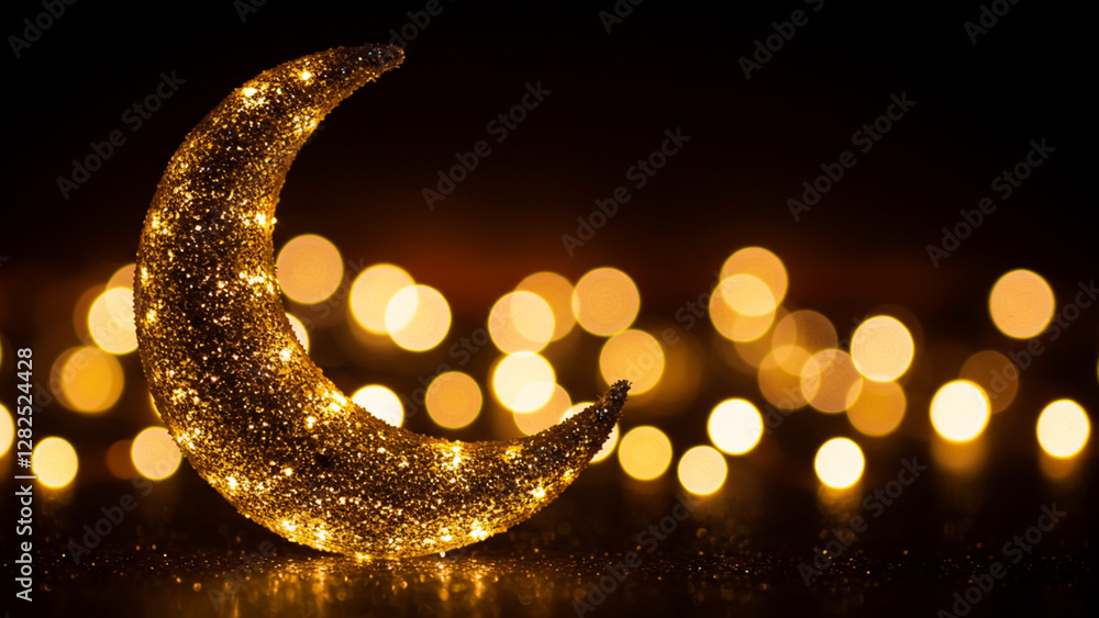 Aufkleber ramadan kareem - a luminous moon surrounded by shimmering abstract lights in a defocused setting
