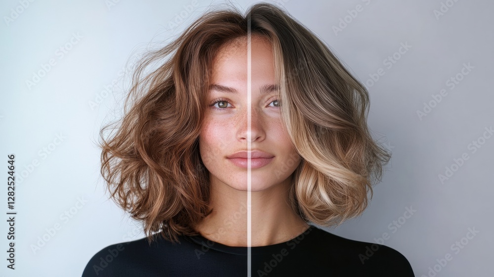Poster transformation from unkempt to stylish hair showcasing a professional makeover in a modern salon env