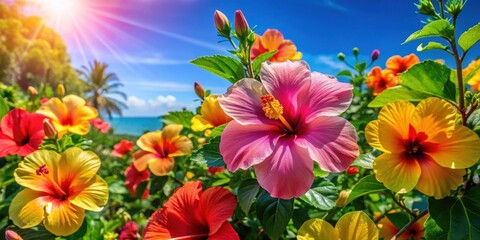 Vibrant hibiscus flowers blooming in a sunny garden, showcasing their bright colors and delicate petals against a clear blue sky, tropical plants, hibiscus flower