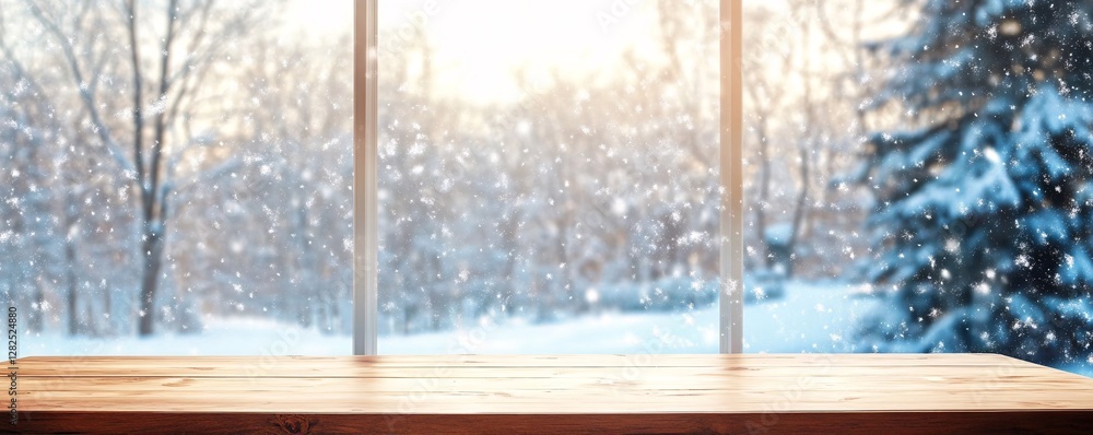 Poster empty wooden table with winter snowfall background ideal for product placement