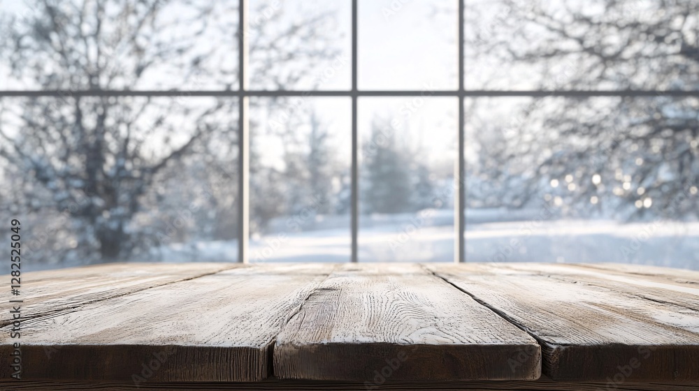 Poster empty wooden table in front of window showing winter landscape