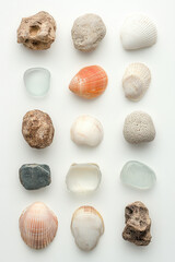 Assorted Marine Shells and Rocks Arranged Aesthetically on White Background