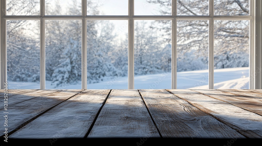 Poster empty wooden table in front of window overlooking snowy landscape