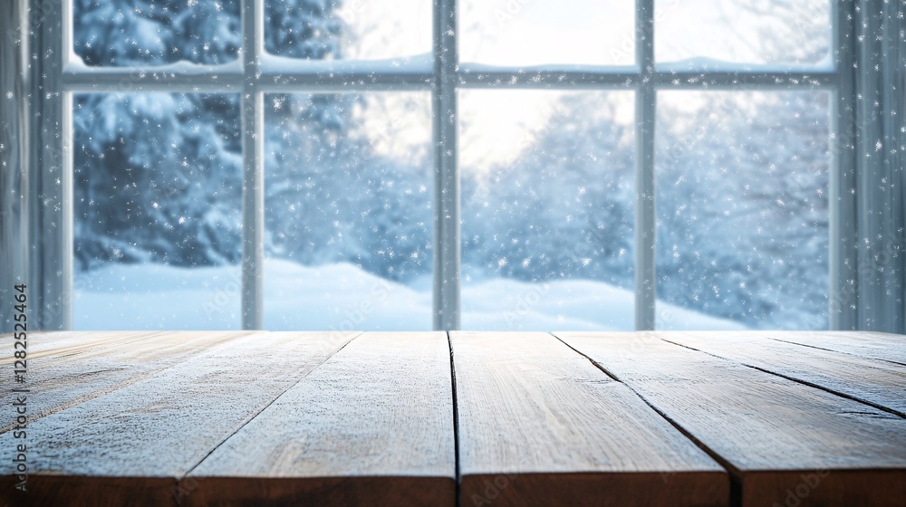 Poster wooden table with snow falling outside the window during a winter day
