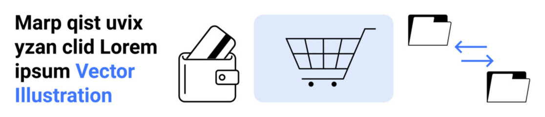 Wallet with credit cards next to shopping cart and file transfer icons symbolize online shopping, financial transactions, and data management. Ideal for eCommerce, fintech, digital wallets, online