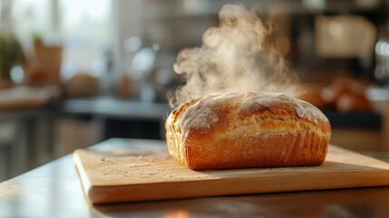 Warm, crusty loaf of bread fresh from the oven, emitting steam. Golden-brown hues and soft textures invite a cozy and delicious moment.