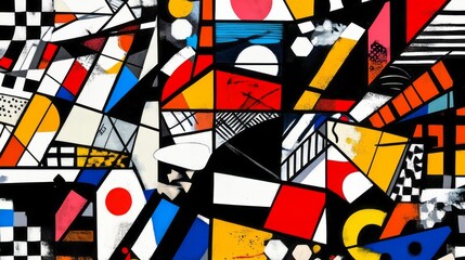 Abstract geometric composition featuring intersecting lines shapes and vibrant colors