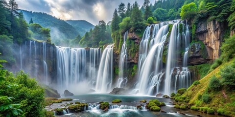 Fototapeta premium Panoramic view of misty Nuorilang Waterfall in Sichuan's scenic mountains, tranquility, landscape, tranquility, landscape, china
