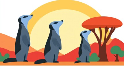 Obraz premium Colorful Meerkat Family Under Sunset Sky