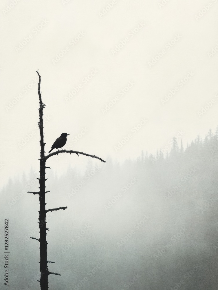 Poster lone bird perched on a dead tree branch against a misty forest backdrop in early morning light. gene