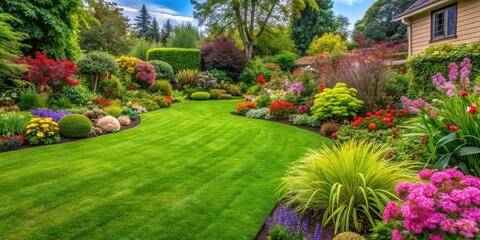 Fototapeta premium Lush green lawn with neat edging and vibrant flowers blooming in a residential backyard garden, garden, flowers