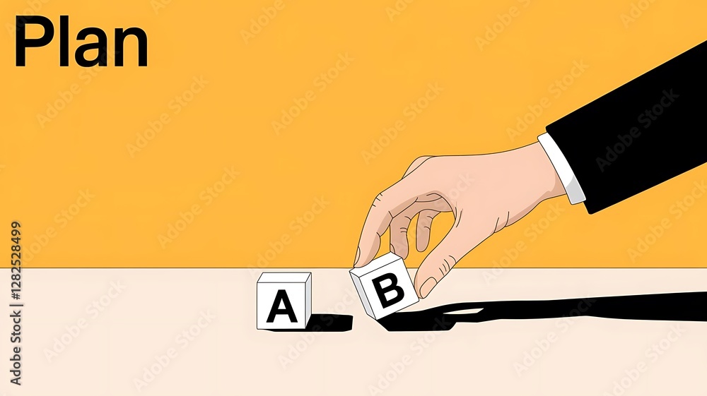 Fototapete illustration of a uniform yellow background with the word plan written in a clear black font at the 