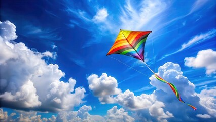 Colorful kite soaring high in clear blue summer sky with fluffy white clouds, sunny day, freedom,  sunny day